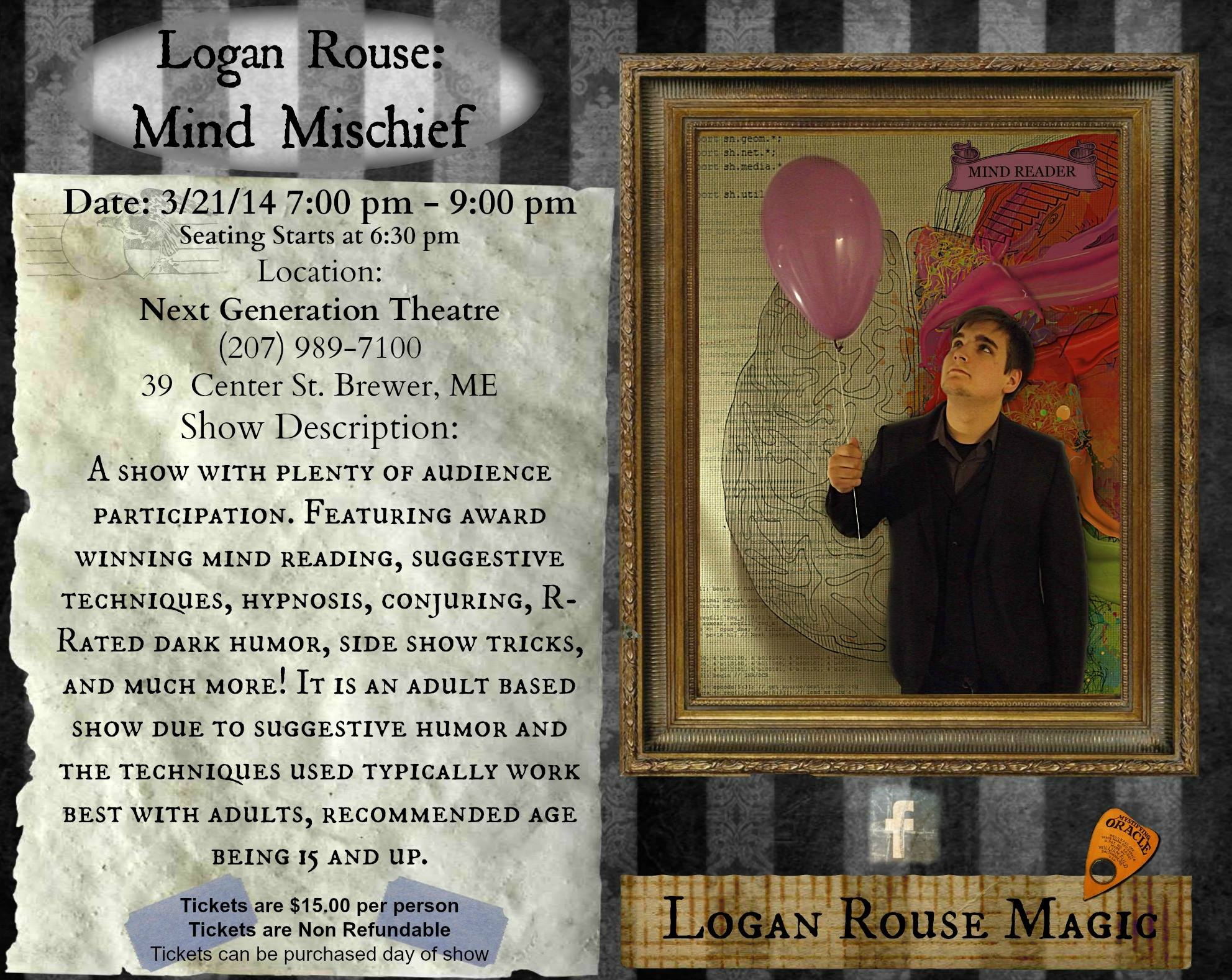 Brewer Maine, Mind Reader promotional poster for private show. Performer Logan with balloon.